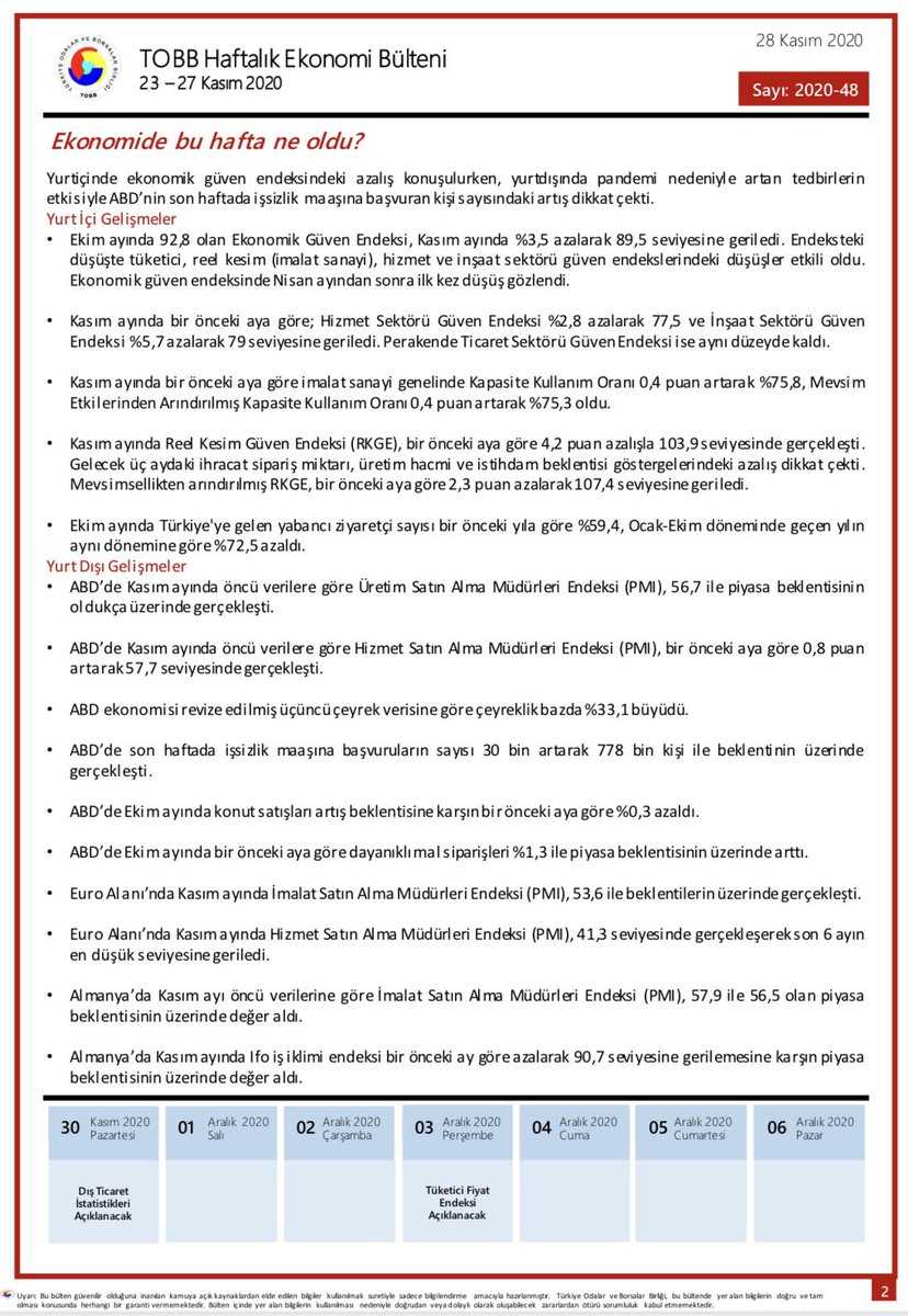 23-27 KASIM TOBB HAFTALIK EKONOMİ BÜLTENİ YAYINLANDI