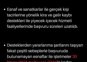 KİRA VE GELİR KAYBI DESTEKLERİNDE BAŞVURU SÜRESİ 30 NİSAN 2021 SAAT 23:59’A KADAR UZATILDI