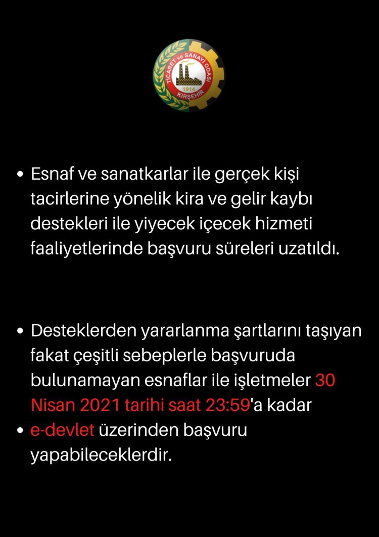 KİRA VE GELİR KAYBI DESTEKLERİNDE BAŞVURU SÜRESİ 30 NİSAN 2021 SAAT 23:59’A KADAR UZATILDI