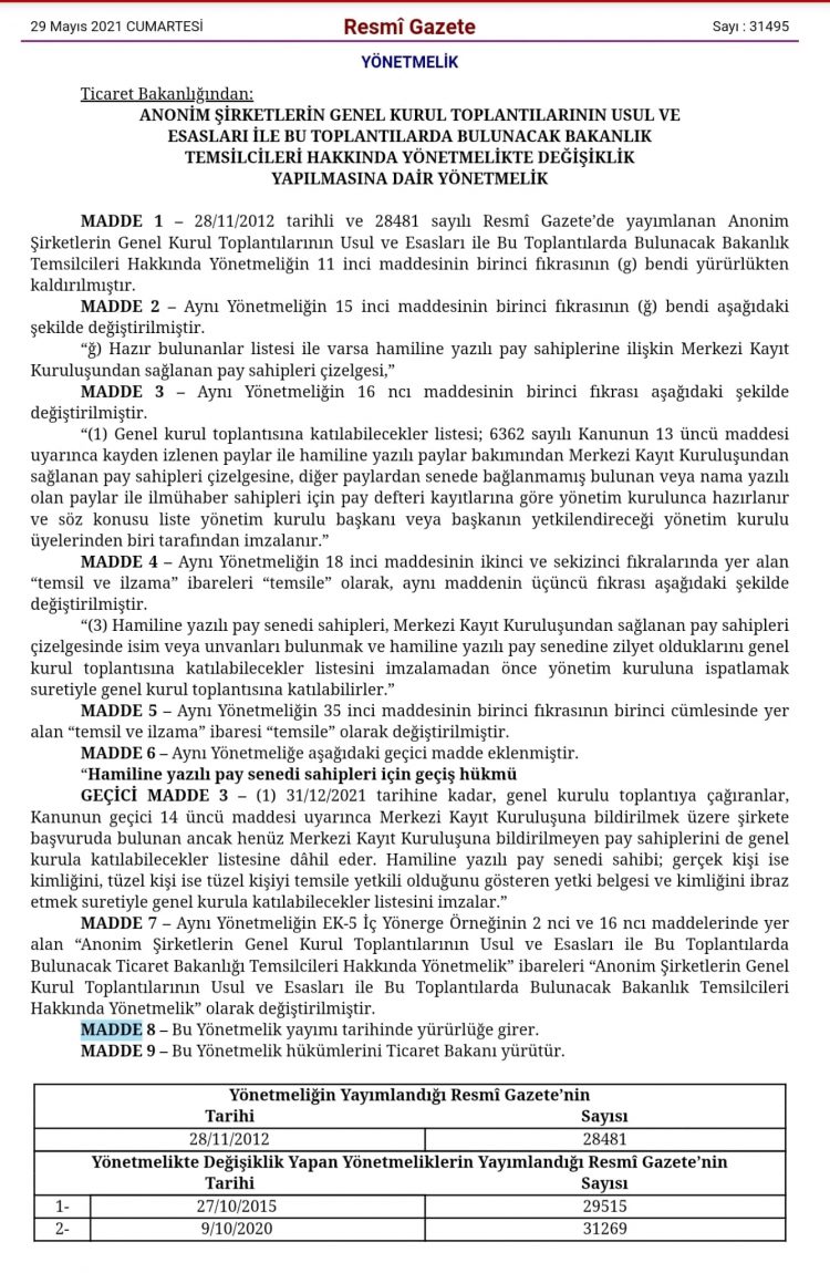 Anonim Şirketlerin Genel Kurul Toplantılarının Usul ve Esasları ile Bu Toplantılarda Bulunacak Bakanlık Temsilcileri Hakkında Yönetmelikte Değişiklik Yapılmasına Dair Yönetmelik